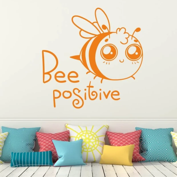 Bee Positive wall sticker 2419 - Features a smiling bee with big eyes and an uplifting message.