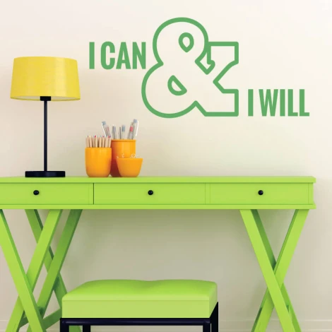 Painting template with the phrase I can and I will 2426 - Office decor. Green furniture, light walls.