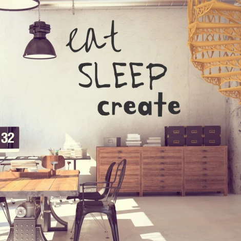 Wall template Eat Sleep Create 2423 - Office decor with light walls, wooden furniture, and industrial lamps.