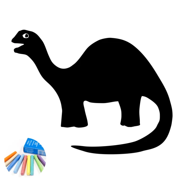 Chalk sticker for kids featuring a black dinosaur with a long neck and tail, alongside colorful chalks.