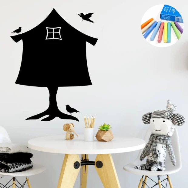 Chalk sticker for kids, baby house design 284 - Decor for a child\'s room with light-colored walls, minimalist style.