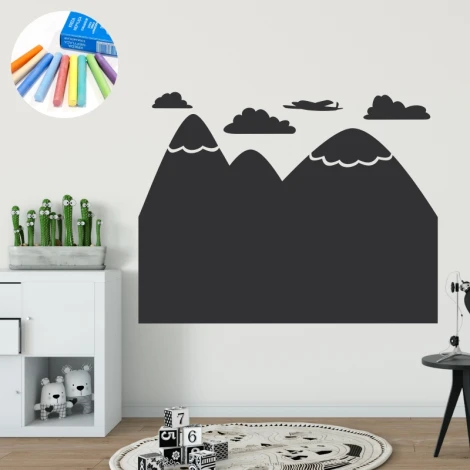 Chalk sticker for kids featuring mountains - Ideal for a child\'s room with light-colored walls and minimalist furniture.