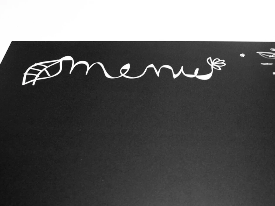 Chalkboard menu board 005 - Graphic design with menu text featuring a leaf and flower print.