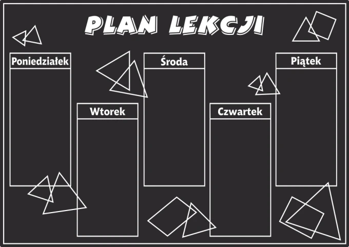 Chalkboard with lesson plan print 073 - Graphic design. White text and geometric shapes on a black background.