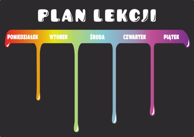 Chalkboard with lesson plan print 074 - Graphic design. Colorful drops with days of the week on a black background.