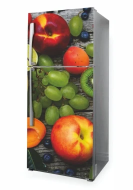 Refrigerator wrap sticker P1005 - Graphic design featuring a variety of fruits: apples, grapes, kiwi.