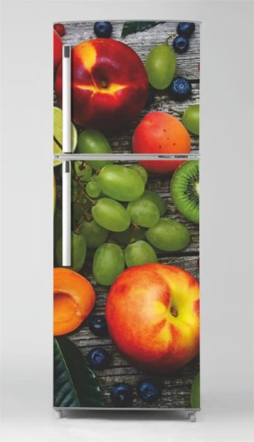 Fruit fridge wrap sticker P1005 - Graphic design featuring various fruits like apples on a wooden background.