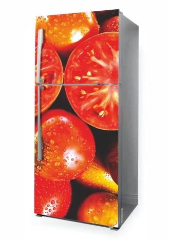 Fridge wrap sticker with red tomatoes and water droplets on a dark background. Design P1004.