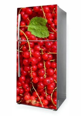 Fridge wrap sticker with red currants on a green background with leaves, design P1003.