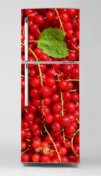Fridge wrap sticker P1003 - Graphic design featuring red currants on a green background with leaves.