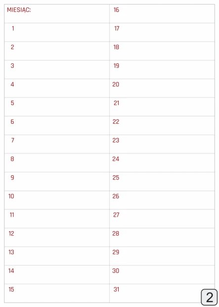 Monthly dry-erase planner 369 - Graphic design. Simple grid with day numbers in columns. Red text on white background.