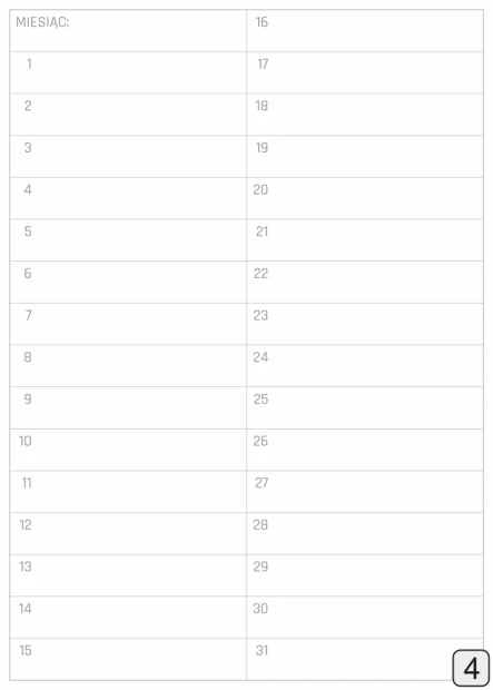 Monthly dry-erase planner 369 - Graphic design. Simple layout with a grid and day numbers in columns.