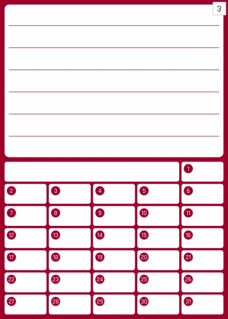 Monthly planner dry-erase board 372 - Graphic design. Simple grid with day numbers and space for notes.