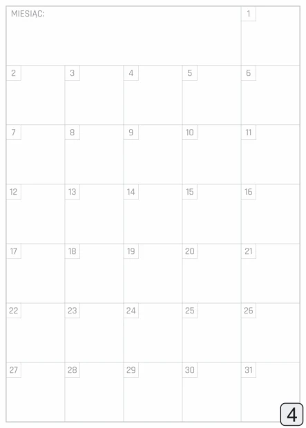 Monthly dry-erase planner 368 - Graphic design. Grid with 31 fields for days, numbering in the top corner.