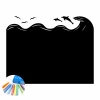 Chalk sticker for kids - ocean design with waves, dolphins, and birds on a black background.