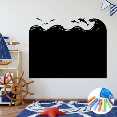Chalkboard sticker for kids - ocean theme. Brightly colored walls and wooden floor in a child\'s room.