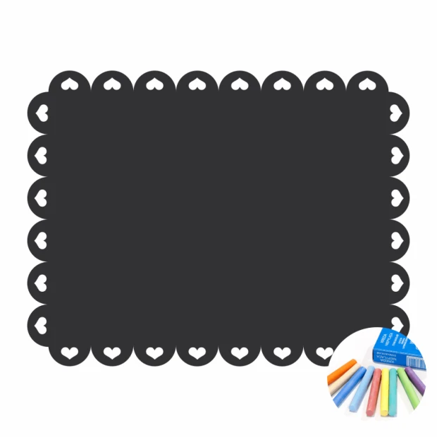 Chalk sticker for kids, heart ornament design. Rectangular with wavy edges and hearts in the corners.