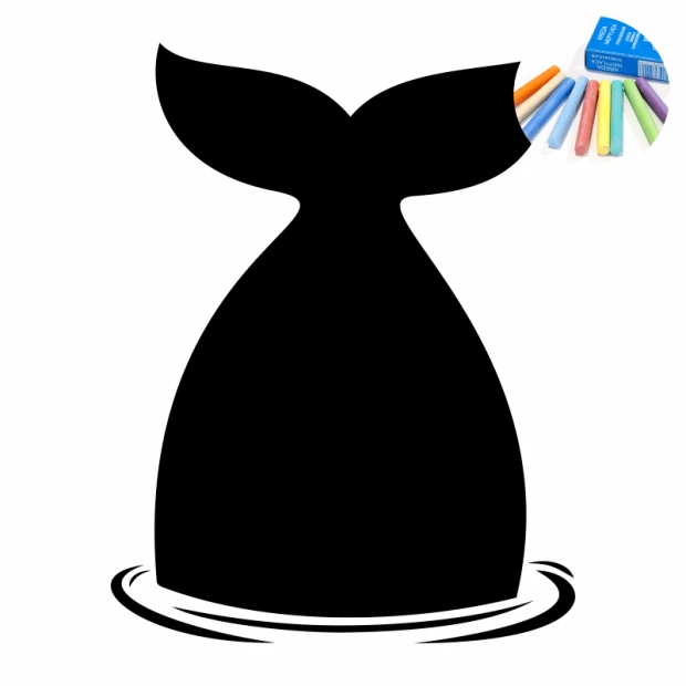 Chalk sticker for kids featuring a whale design with a tail shape and wave. Chalk colors in the top corner.