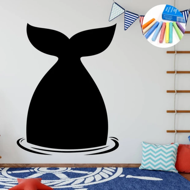 Chalk sticker for kids, whale design - nursery decor with light walls and wooden floor.