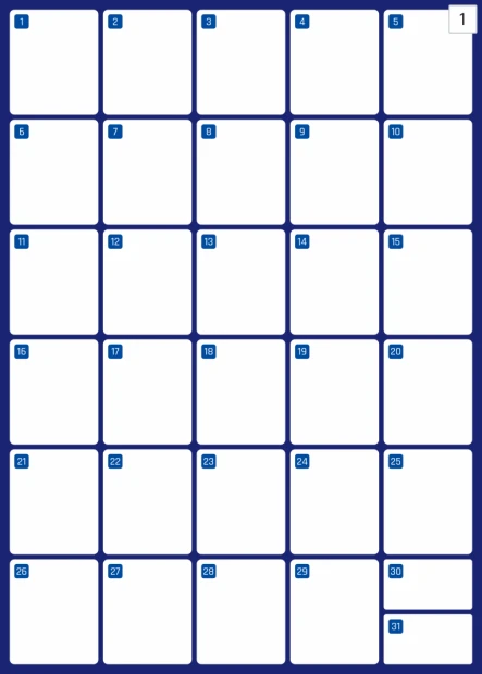 Magnetic dry-erase monthly planner 373 - Graphic design. Grid with 31 empty fields for notes, blue.