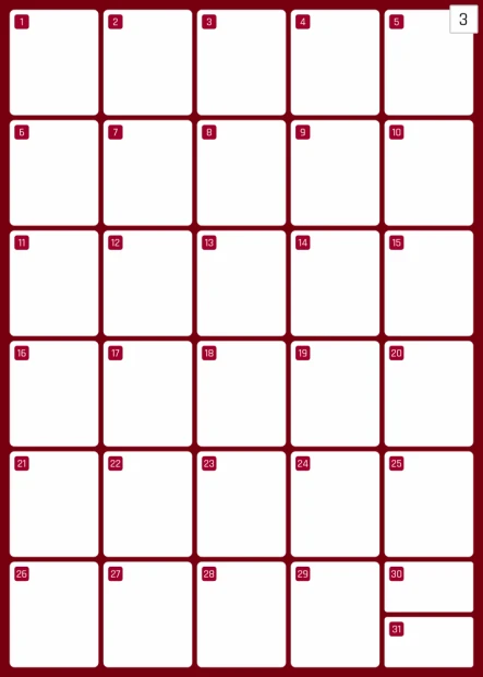 Magnetic dry-erase monthly planner board 373 - Graphic design with 31 empty boxes for days and red borders.
