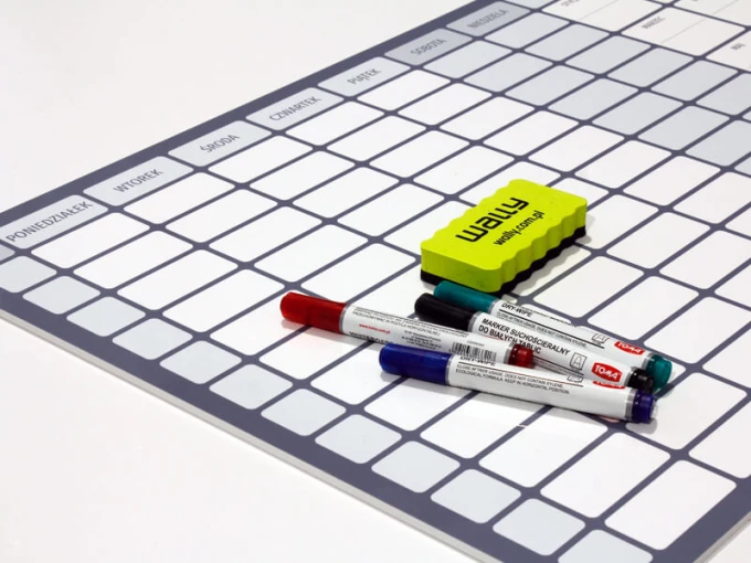 Weekly magnetic whiteboard calendar with annual planner 267 - Graphic design. Simple grid with day names.