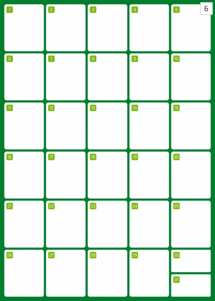 Monthly planner whiteboard 373 - Graphic design. Grid with 31 rectangular fields for notes. Green accents.
