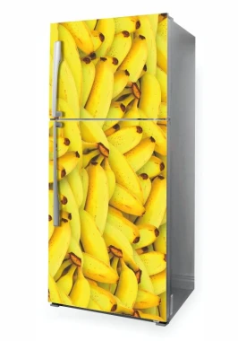 Fridge wrap sticker with yellow bananas in various shapes on a light background.