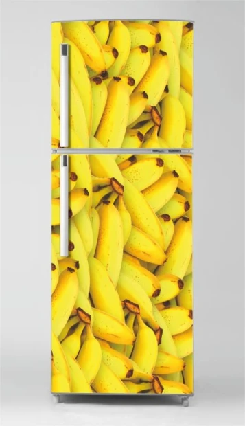 Refrigerator wrap sticker with yellow bananas in various shapes arranged closely together.