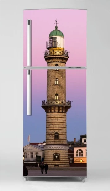 Refrigerator wrap sticker lighthouse P1022 - Graphic design featuring a lighthouse against a pink background.