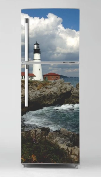 Refrigerator wrap sticker lighthouse P1025 - Graphic design. Lighthouse against a sky with clouds, rocks, and sea.