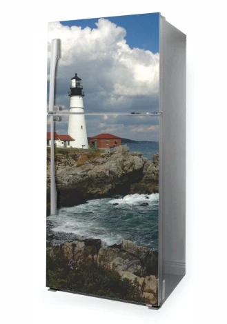 Lighthouse fridge wrap sticker P1025 - Bright kitchen decor with light-colored walls and stylish furniture.