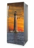 Refrigerator wrap lighthouse sticker P1026 - Graphic design. Lighthouse against a sunset backdrop over water.