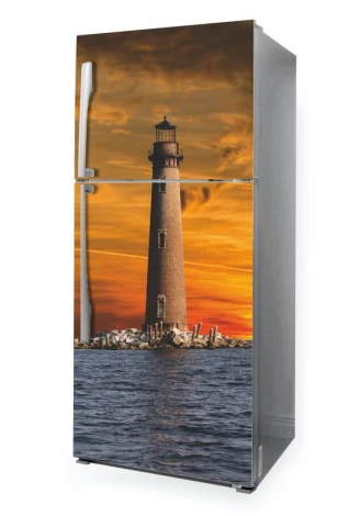 Refrigerator wrap lighthouse sticker P1026 - Graphic design. Lighthouse against a sunset backdrop over water.