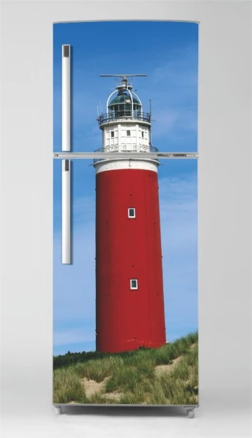Refrigerator wrap sticker lighthouse P1028 - Graphic design featuring a red lighthouse on a background.