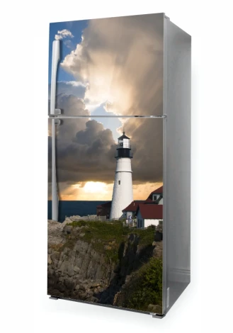 Fridge wrap sticker lighthouse P1033 - Kitchen decor with light-colored walls and modern furniture.