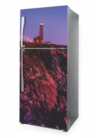 Refrigerator wrap lighthouse sticker P1037 - Graphic design featuring a lighthouse against a cliff backdrop.