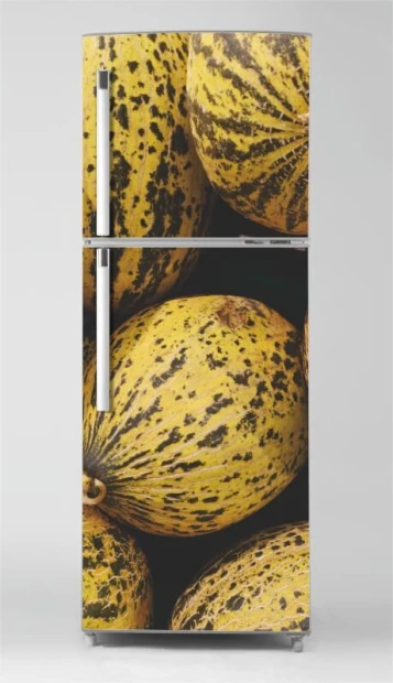Fridge wrap sticker with yellow melons and dark spots on a dark background, design P1018.