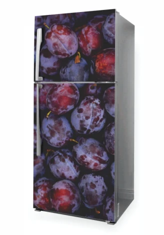 Plum fridge wrap sticker P1012 - Graphic design featuring plums in various shades of purple.