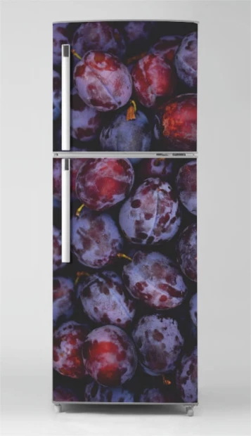 Refrigerator wrap sticker plums P1012 - Graphic design featuring plums in various shades of purple.
