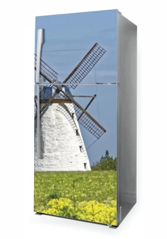 Refrigerator wrap sticker windmill P1034 - Graphic design featuring a windmill against a sky and green meadow backdrop.