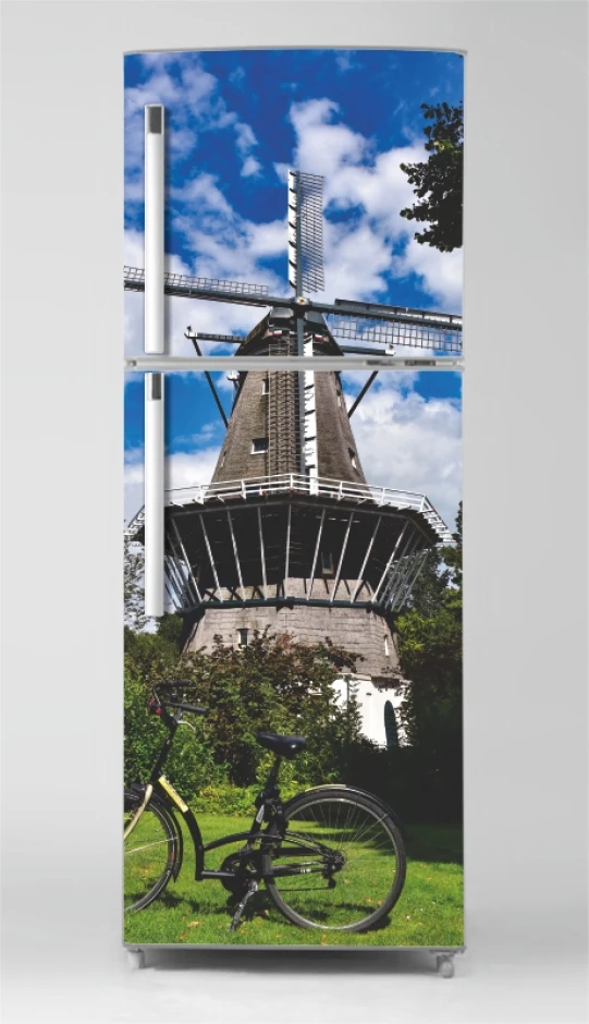 Fridge wrap sticker windmill P1035 - Graphic design featuring a windmill in a green setting with a bicycle.