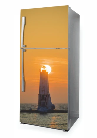 Sunset fridge wrap sticker P1030 - Graphic design featuring a lighthouse against a sunset backdrop.