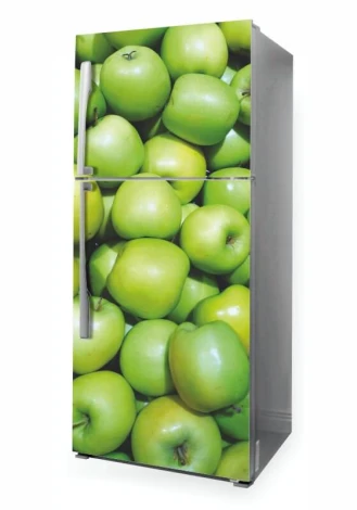 Fridge wrap sticker with green apples P1014 - Graphic design featuring green apples in various shapes covering the surface.