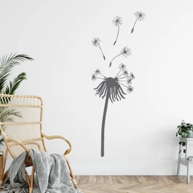 Dandelion wall sticker 2433 - Living room decor with light walls, wooden floor, and plants in the background.