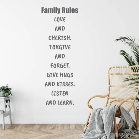 Wall sticker Family Rules 2434 - Living room decor with light walls, wooden floor, and plants.