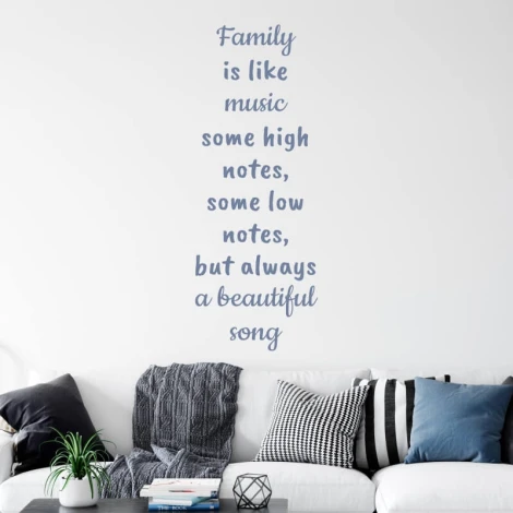 Painting template with the phrase "Family is like music" 2435 - Living room arrangement. Light-colored walls, furniture in shades.