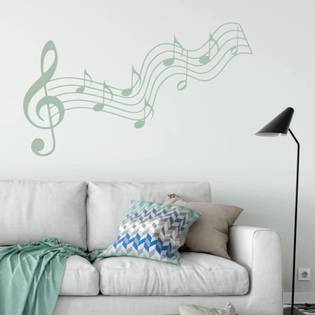 Painting template notes 2439 - Living room arrangement. Light walls, sofa with geometric patterned cushions.