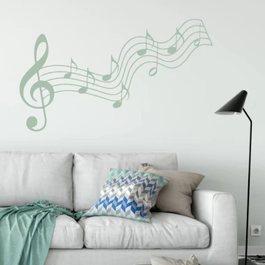 Painting template notes 2439 - Living room arrangement. Light walls, sofa with geometric patterned cushions.