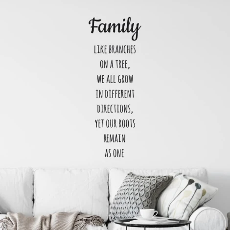 Wall template with the quote "Family like branches on a tree" - Living room decor. Light-colored walls, furniture.